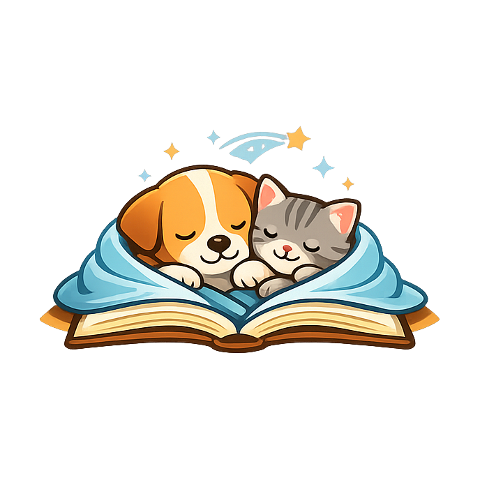 A puppy and kitten snuggled in a blanket on an open storybook
